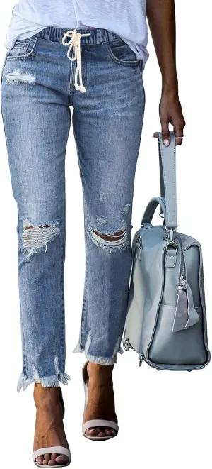 Sidefeel Womens Cargo Jeans High Waisted Ripped Denim Joggers Elastic Drawstring Waist Pants Pull On Trousers