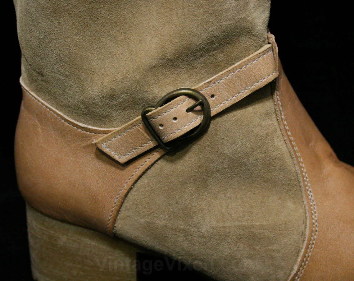 Size 6 1/2 Beige Suede Boots - 1970s Deadstock - Faux Shearling Lining - Beautiful Quality - Leather Buckle - Hiking Boot Sole - 43694-4