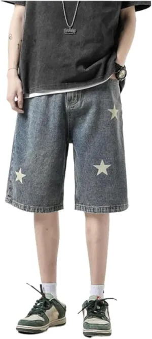 Star Print Wide Leg Denim Shorts High Waist Vintage Washed Loose Baggy Streetwear Casual Jean Shorts Jorts