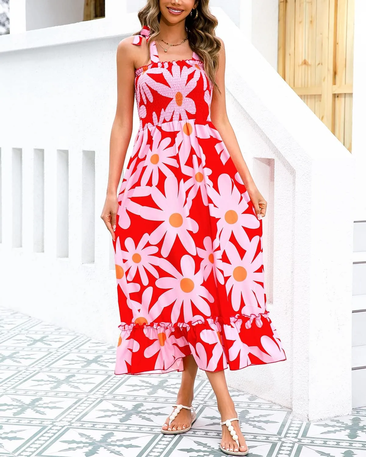 Summer Dresses 2023 Boho Maxi Ruffle Dresses Smocked Dress for Women