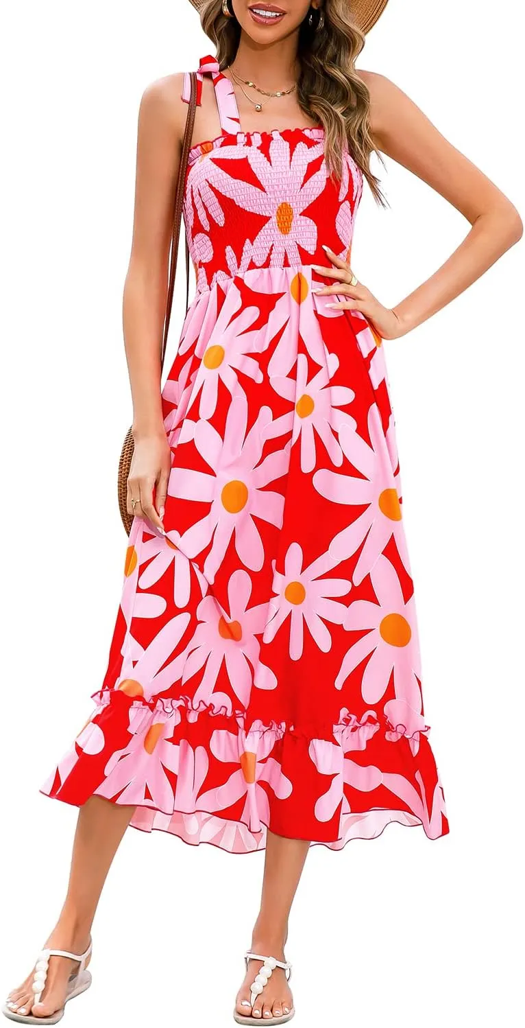 Summer Dresses 2023 Boho Maxi Ruffle Dresses Smocked Dress for Women