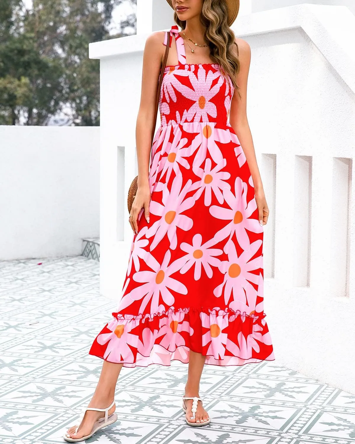 Summer Dresses 2023 Boho Maxi Ruffle Dresses Smocked Dress for Women