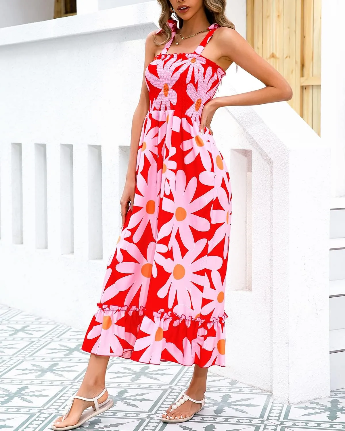 Summer Dresses 2023 Boho Maxi Ruffle Dresses Smocked Dress for Women