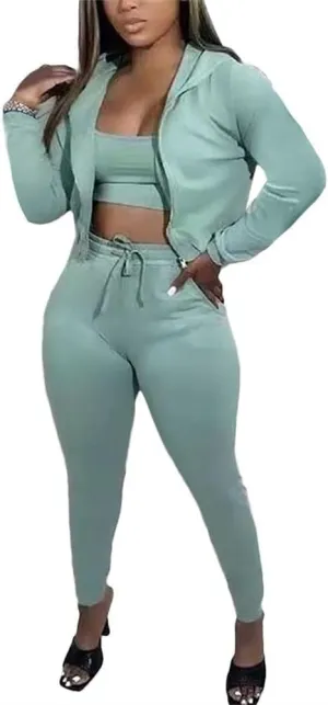 Sweat Suits For Womens 3 Piece Outfits Fall Cropped Zip Up Hoodie Jogger Pants Athletic Tracksuit Lounge Workout Sets