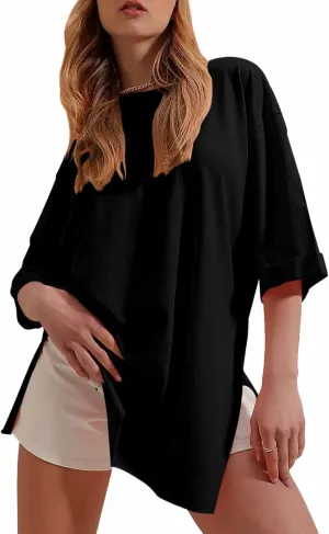 Tankaneo Womens Half Sleeve Oversized Tunic Tops Summer Basic Casual Loose Fit Crew Neck T-Shirt