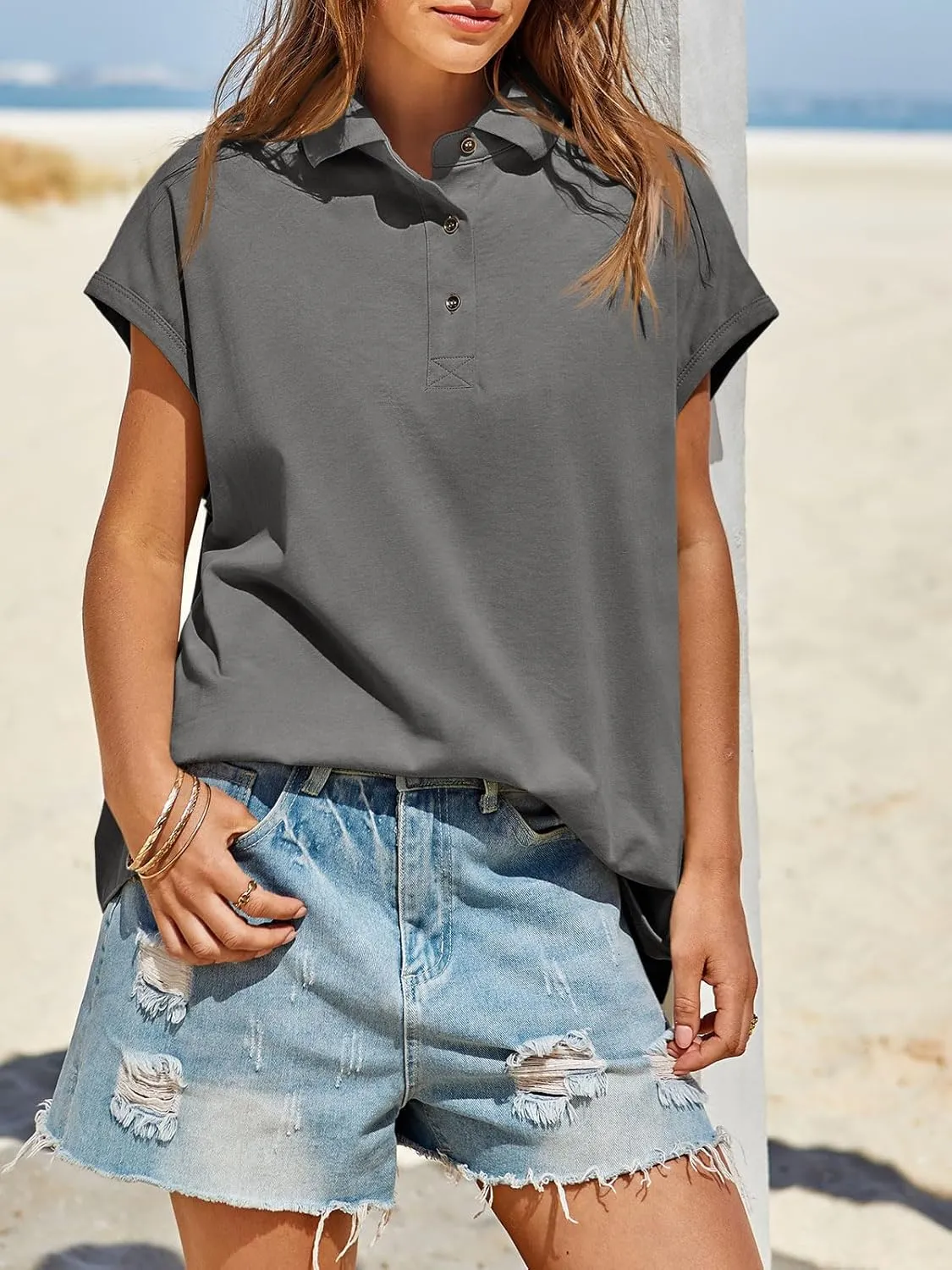 Tankaneo Womens Oversized Cap Sleeve Polo Shirts Summer Casual V Neck Tops Loose Fit Collared Cotton Tee Shirts