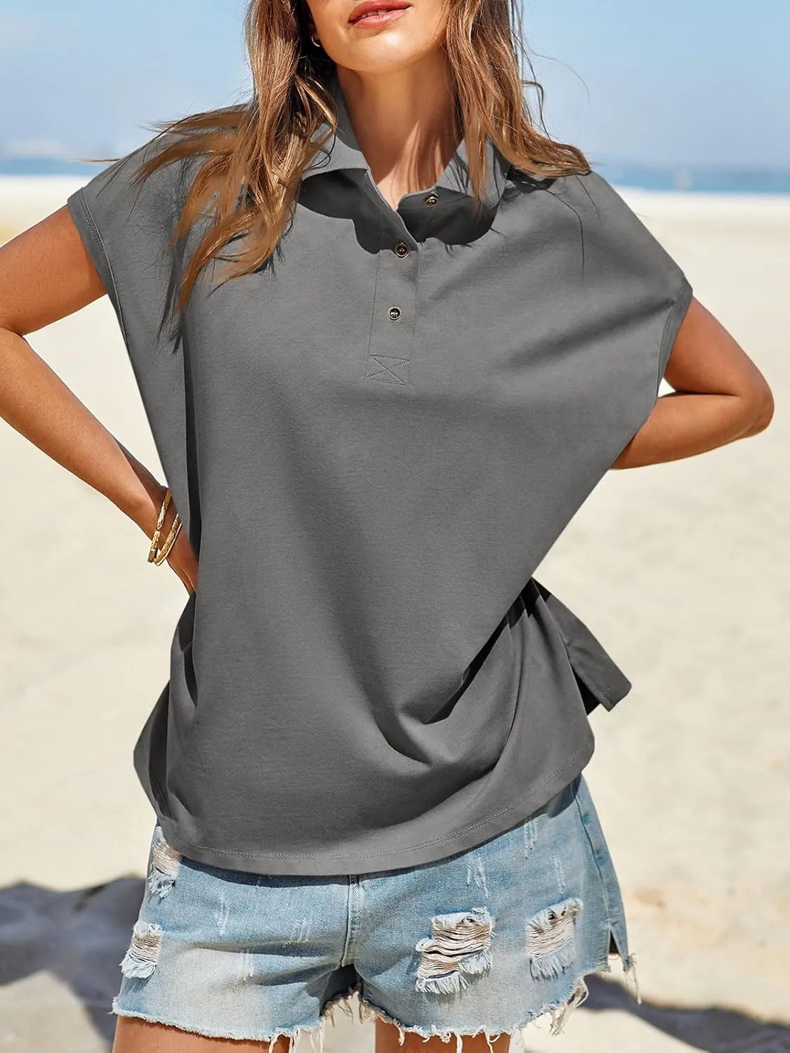 Tankaneo Womens Oversized Cap Sleeve Polo Shirts Summer Casual V Neck Tops Loose Fit Collared Cotton Tee Shirts