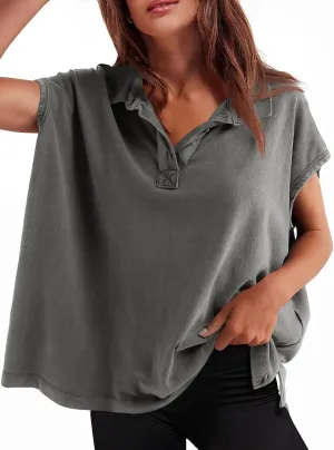 Tankaneo Womens Oversized Cap Sleeve Polo Shirts Summer Casual V Neck Tops Loose Fit Collared Cotton Tee Shirts