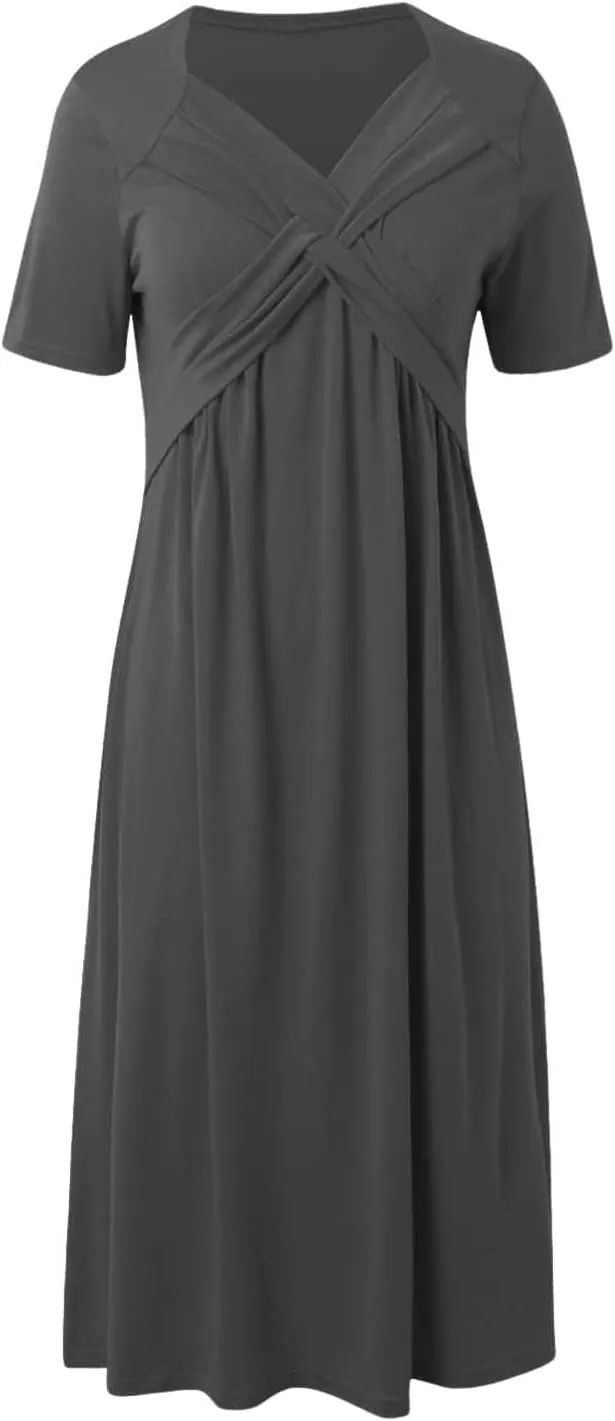 TIAFORD Women's Boho Floal Print Casual Short Sleeve Dress Twist Front Wrap V Neck Pleated A-line Midi Dress with Pockets