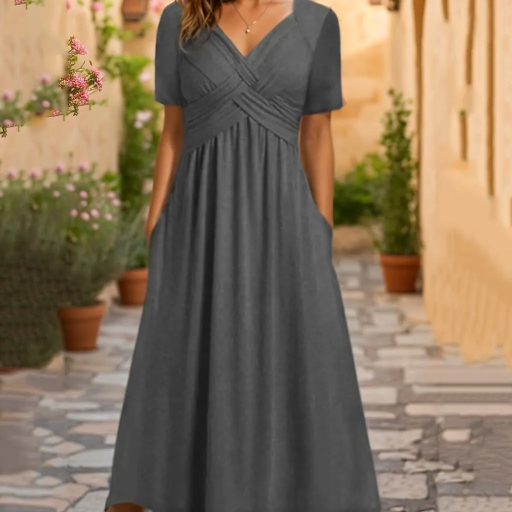 TIAFORD Women's Boho Floal Print Casual Short Sleeve Dress Twist Front Wrap V Neck Pleated A-line Midi Dress with Pockets