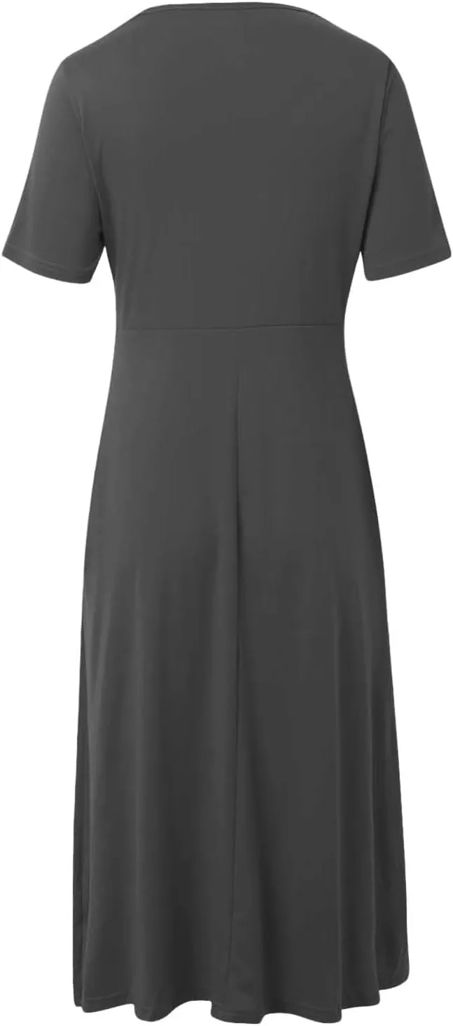 TIAFORD Women's Boho Floal Print Casual Short Sleeve Dress Twist Front Wrap V Neck Pleated A-line Midi Dress with Pockets