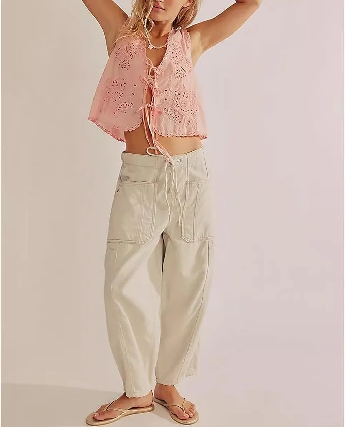 Tie Front Tops for Women Sleeveless V Neck Eyelet Embroidered Tank Y2k Sexy Cute Going Out Crop Vest Shirt
