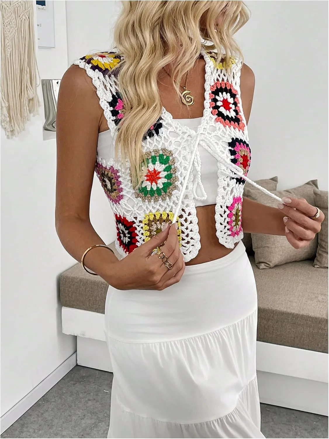 Verdusa Women's Boho Floral Hollow Out Tied Sweater Vests Crochet Cropped Cardigan