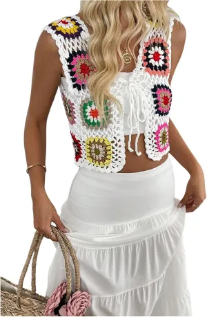 Verdusa Women's Boho Floral Hollow Out Tied Sweater Vests Crochet Cropped Cardigan