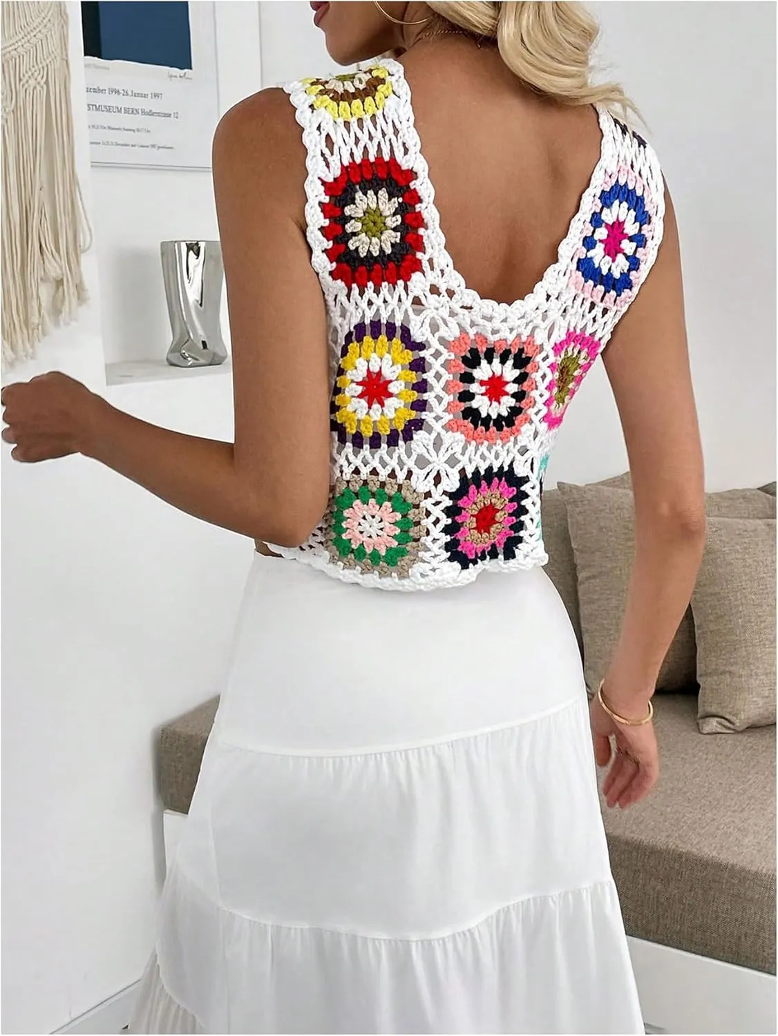 Verdusa Women's Boho Floral Hollow Out Tied Sweater Vests Crochet Cropped Cardigan