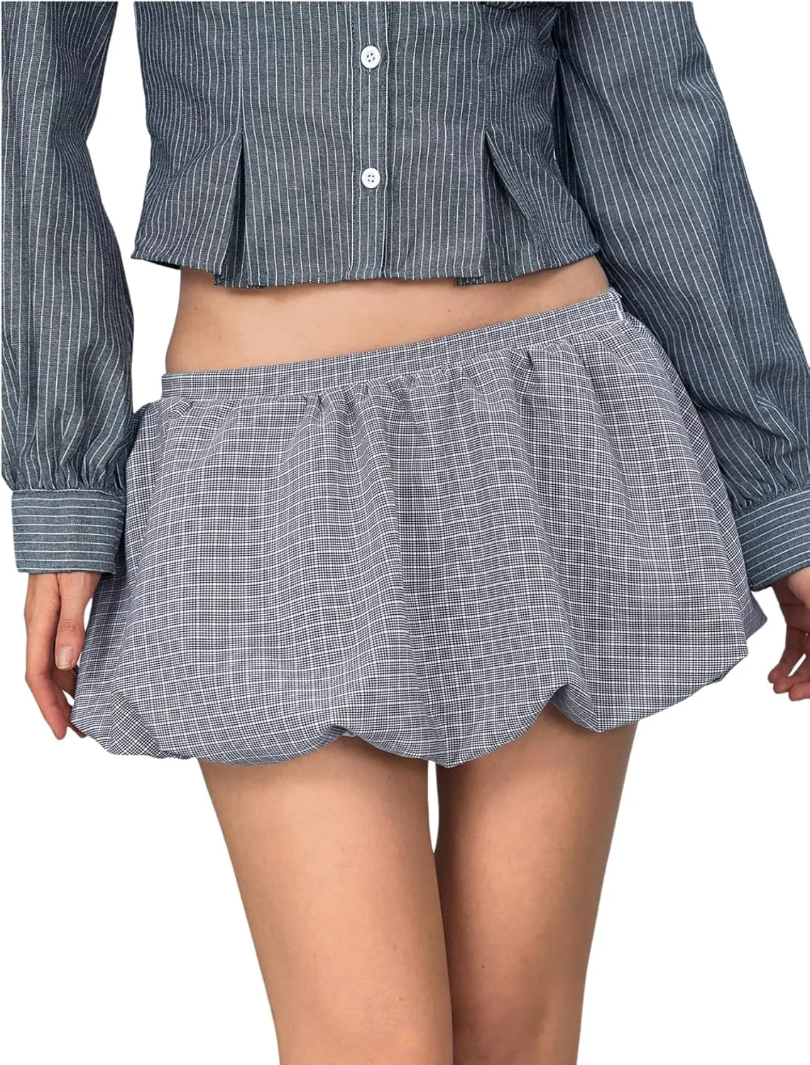 Verdusa Women's Plaid Print Ruffle Hem Bubble Skirt High Waisted Pleated Flared Mini Skirt