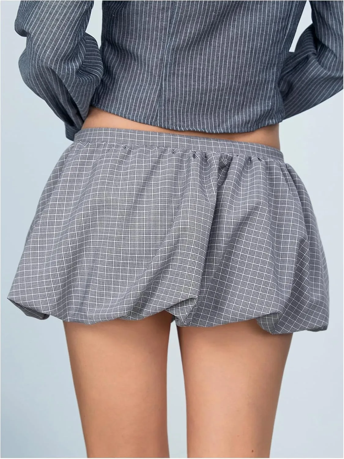 Verdusa Women's Plaid Print Ruffle Hem Bubble Skirt High Waisted Pleated Flared Mini Skirt