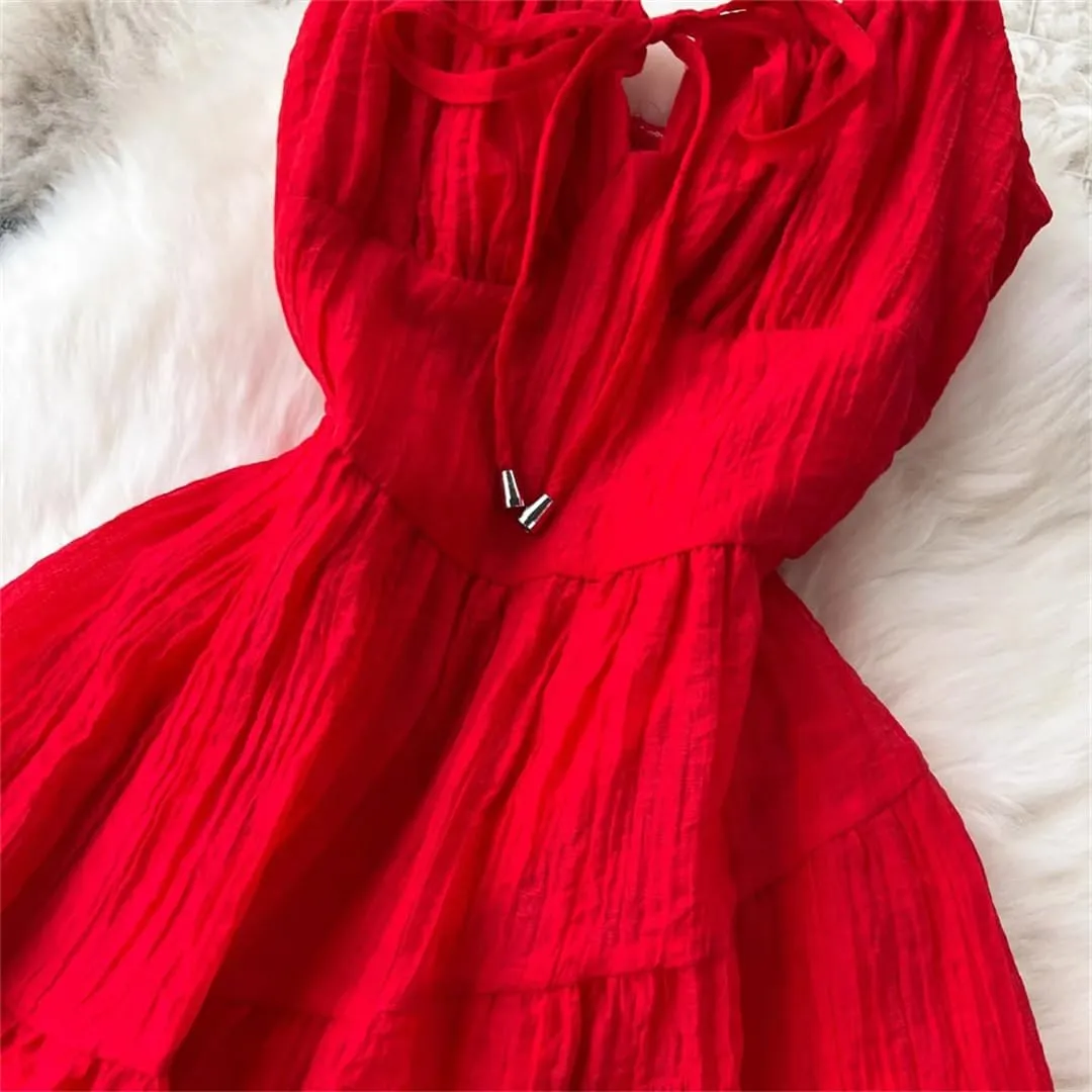 Vsadsau Women's Spaghetti Strap Dress Sleeveless V-Neck Solid Color A-Line Beach Mini Dresses