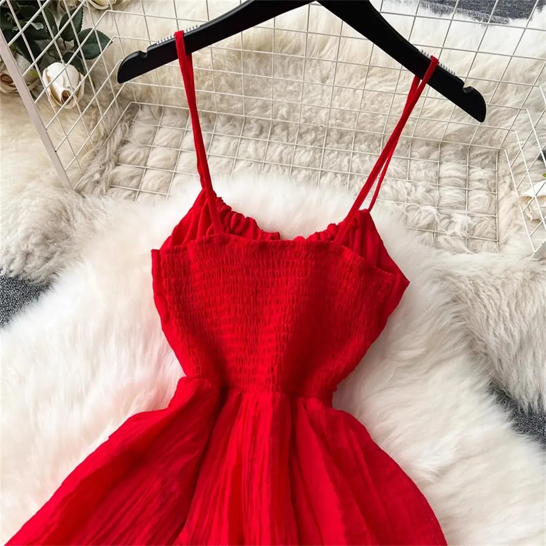 Vsadsau Women's Spaghetti Strap Dress Sleeveless V-Neck Solid Color A-Line Beach Mini Dresses