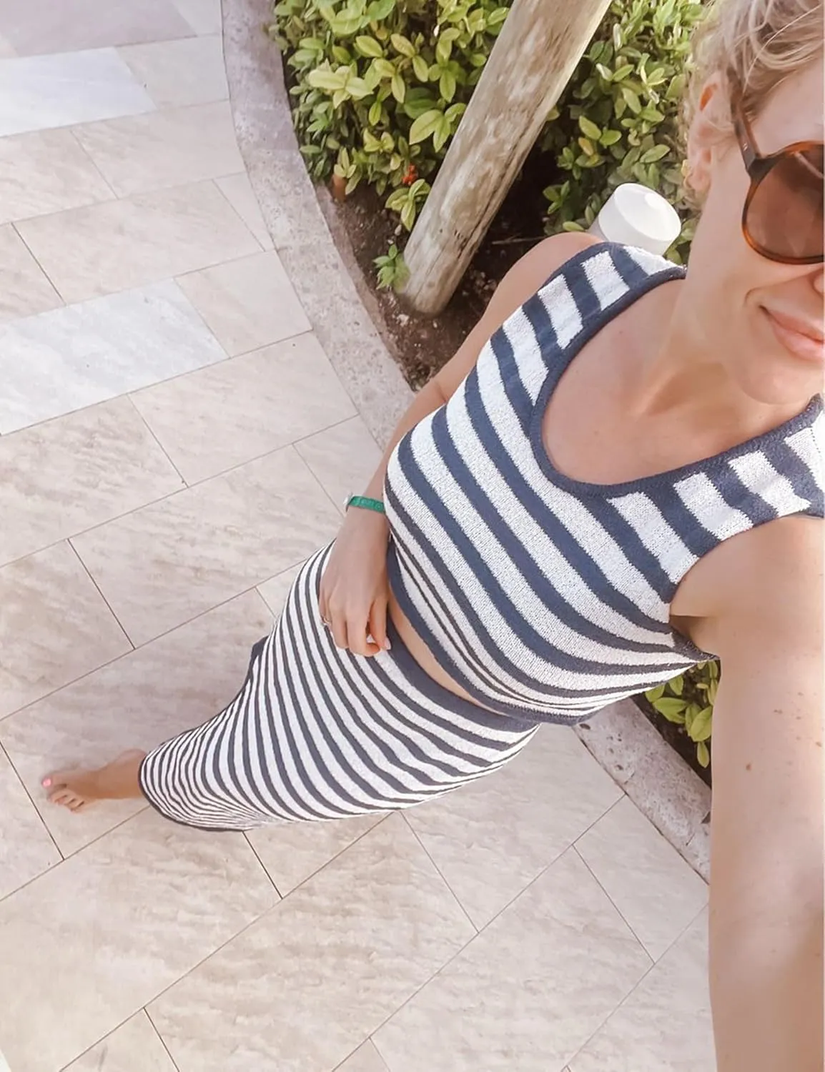 Watashi Two Piece Skirt Sets Outfits for Women Summer Sleeveless Knitted Sweater Striped Maxi Skirt and Tank Set