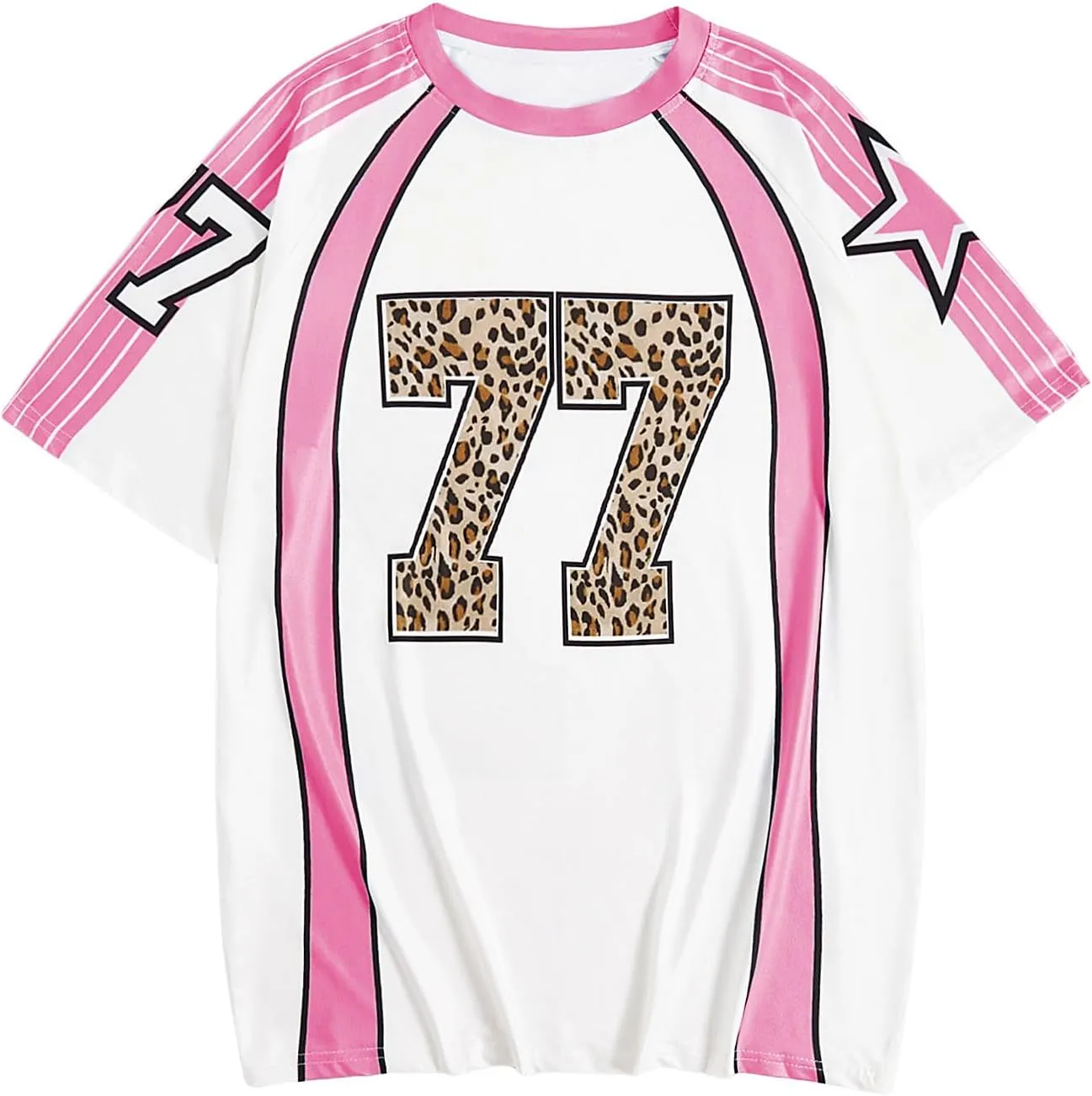 WDIRARA Women's Leopard Number Print Jerseys Oversized Colorblock Drop Shoulder Crew Neck Short Sleeve T-Shirt