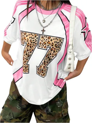 WDIRARA Women's Leopard Number Print Jerseys Oversized Colorblock Drop Shoulder Crew Neck Short Sleeve T-Shirt