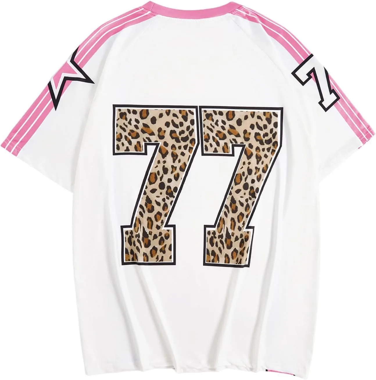 WDIRARA Women's Leopard Number Print Jerseys Oversized Colorblock Drop Shoulder Crew Neck Short Sleeve T-Shirt