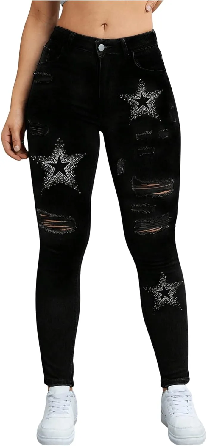 WDIRARA Women's Star Print Ripped Skinny Jeans Stretch Distressed Denim Pants