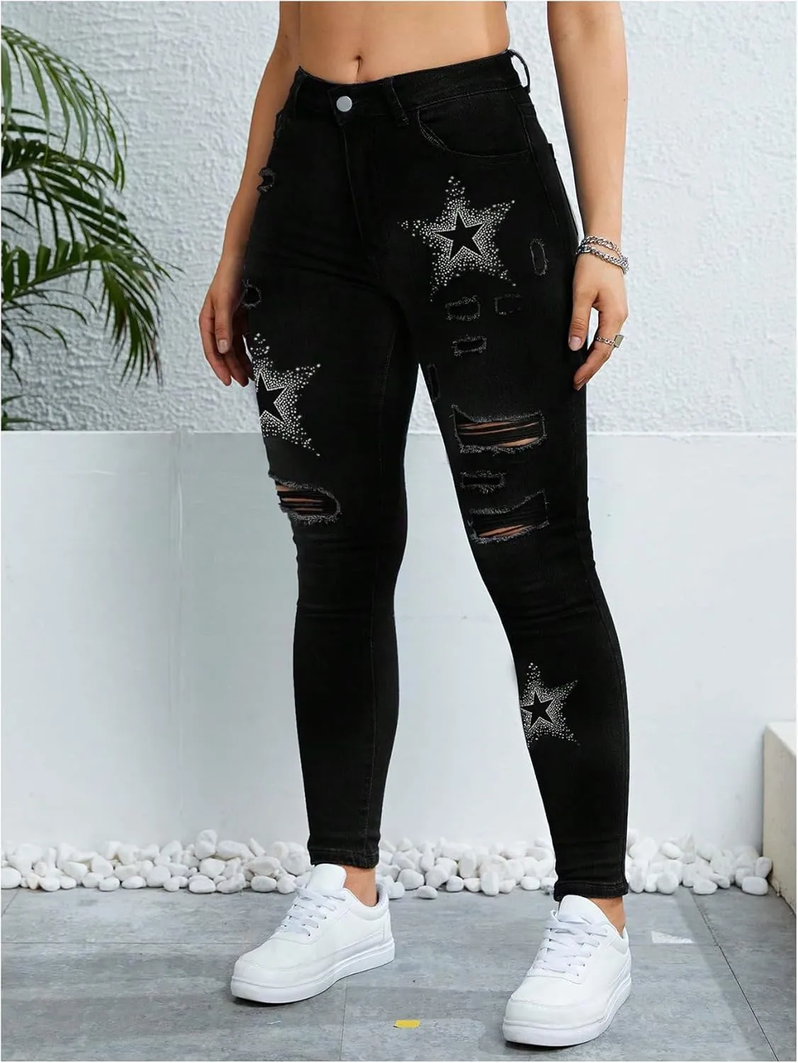 WDIRARA Women's Star Print Ripped Skinny Jeans Stretch Distressed Denim Pants