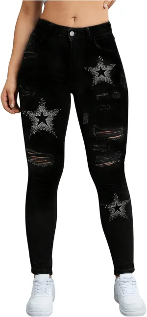 WDIRARA Women's Star Print Ripped Skinny Jeans Stretch Distressed Denim Pants