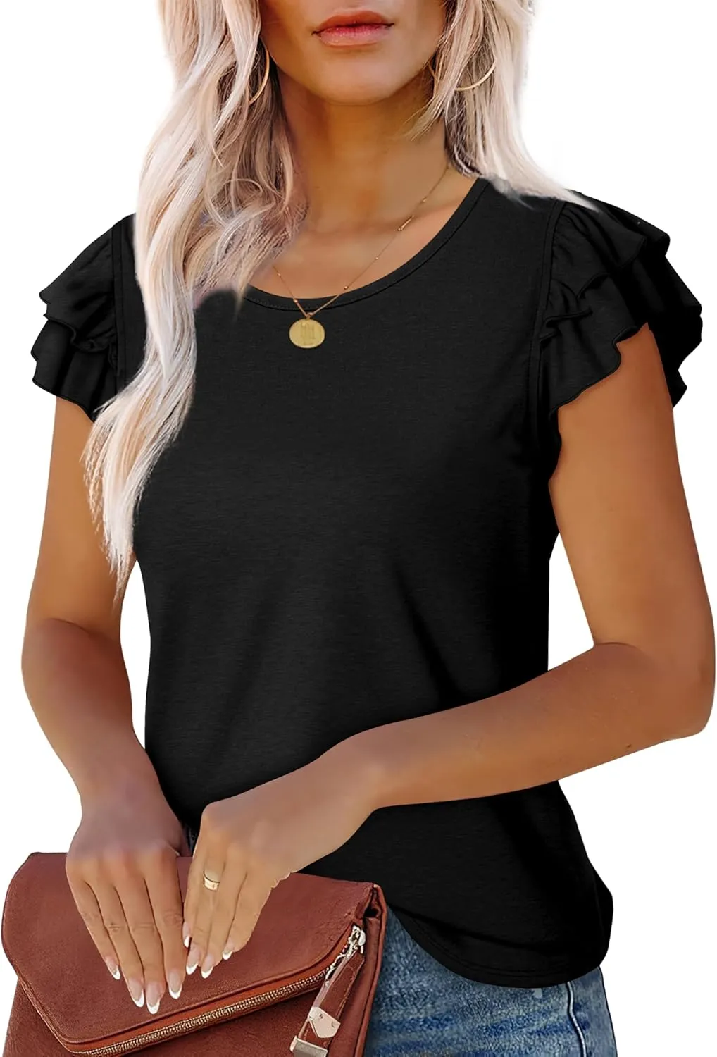 WEESO Womens T Shirts Ruffle Short Sleeve Summer Tops Cute Crew Neck Casual Blouses