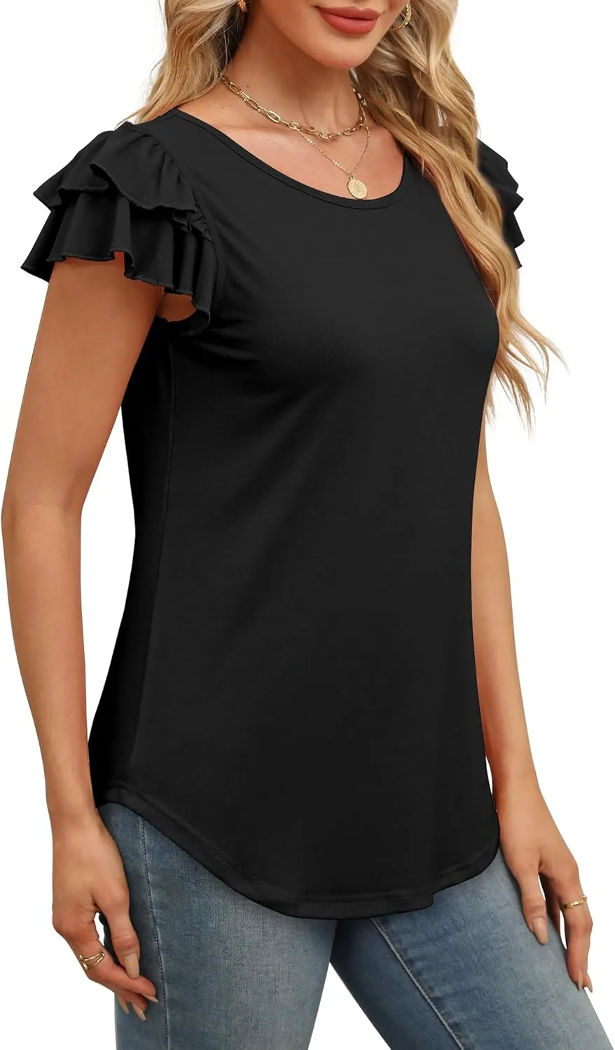 WEESO Womens T Shirts Ruffle Short Sleeve Summer Tops Cute Crew Neck Casual Blouses