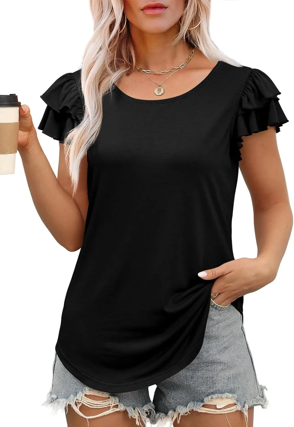 WEESO Womens T Shirts Ruffle Short Sleeve Summer Tops Cute Crew Neck Casual Blouses