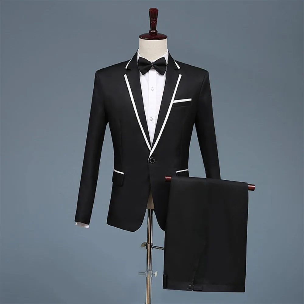 WeGee Men's Black Suit with White Edge Collar, Includes Blazer, Pants and Tie