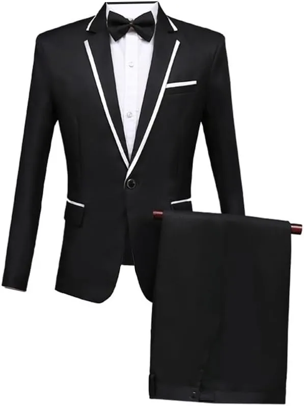 WeGee Men's Black Suit with White Edge Collar, Includes Blazer, Pants and Tie