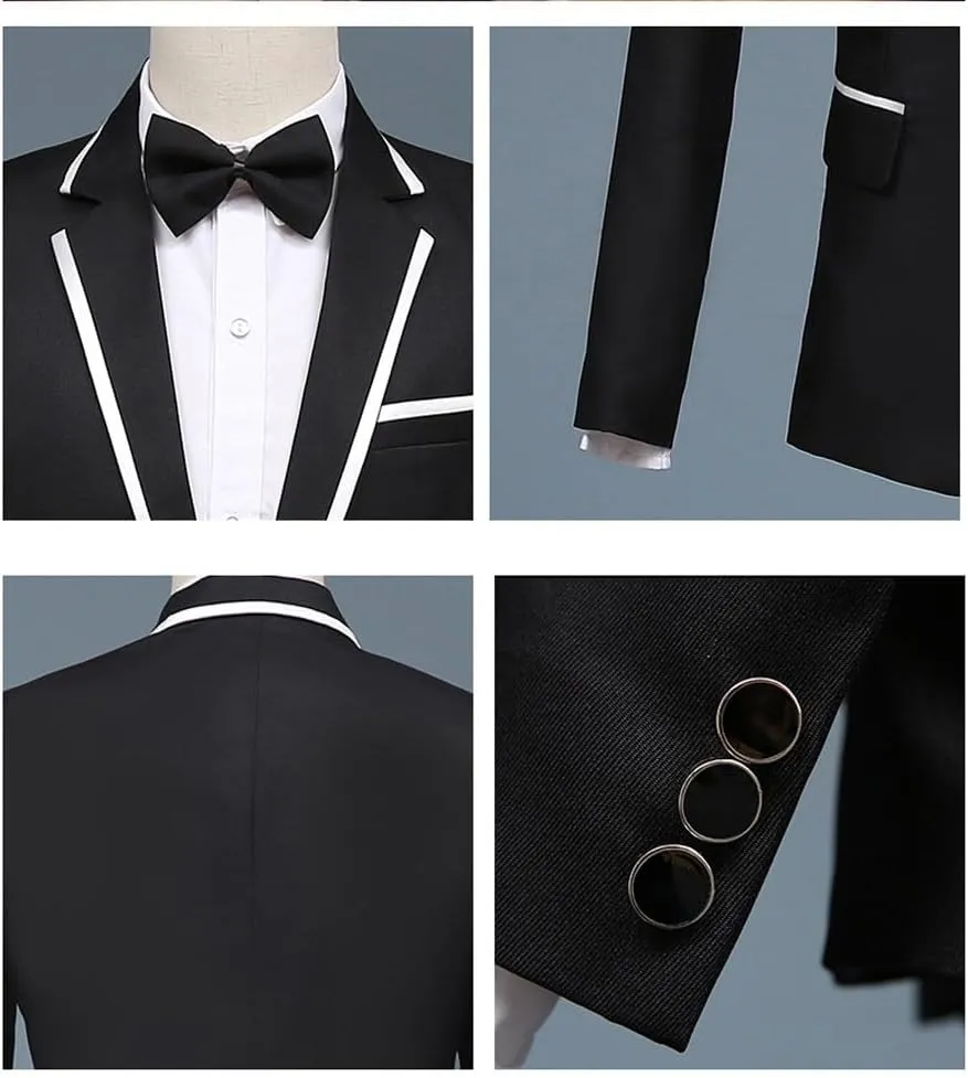 WeGee Men's Black Suit with White Edge Collar, Includes Blazer, Pants and Tie