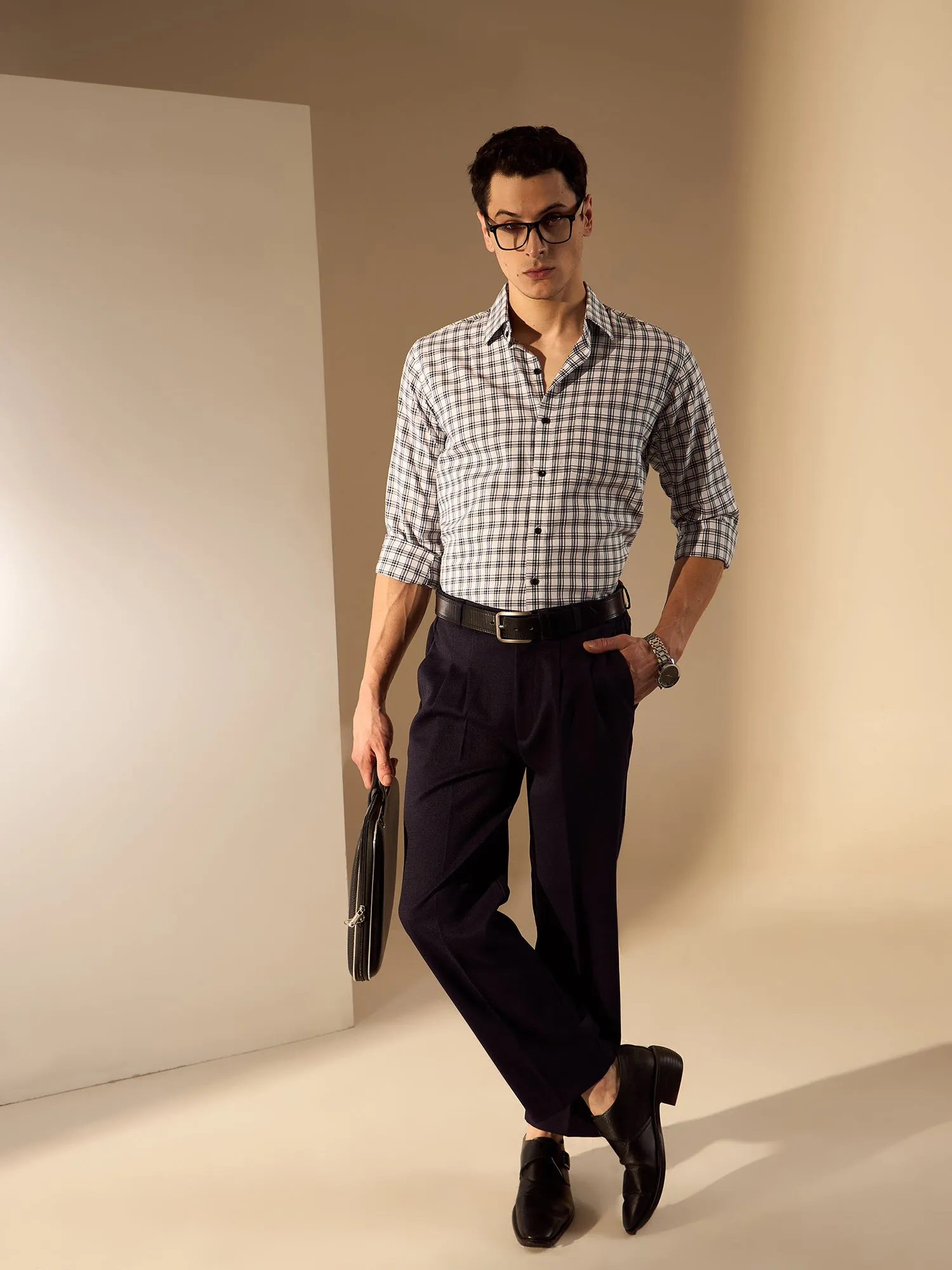White and Blue: Checked Formal Shirt