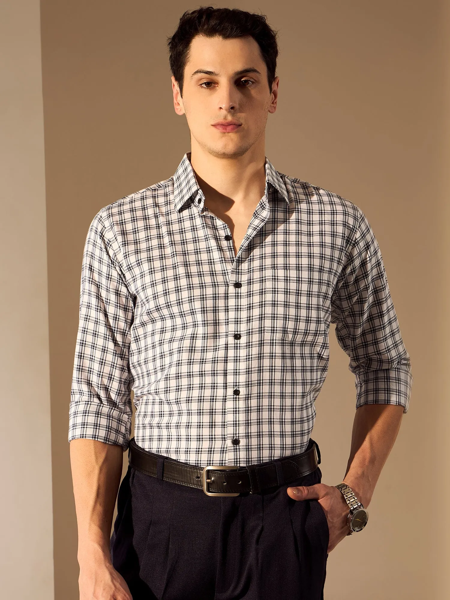 White and Blue: Checked Formal Shirt