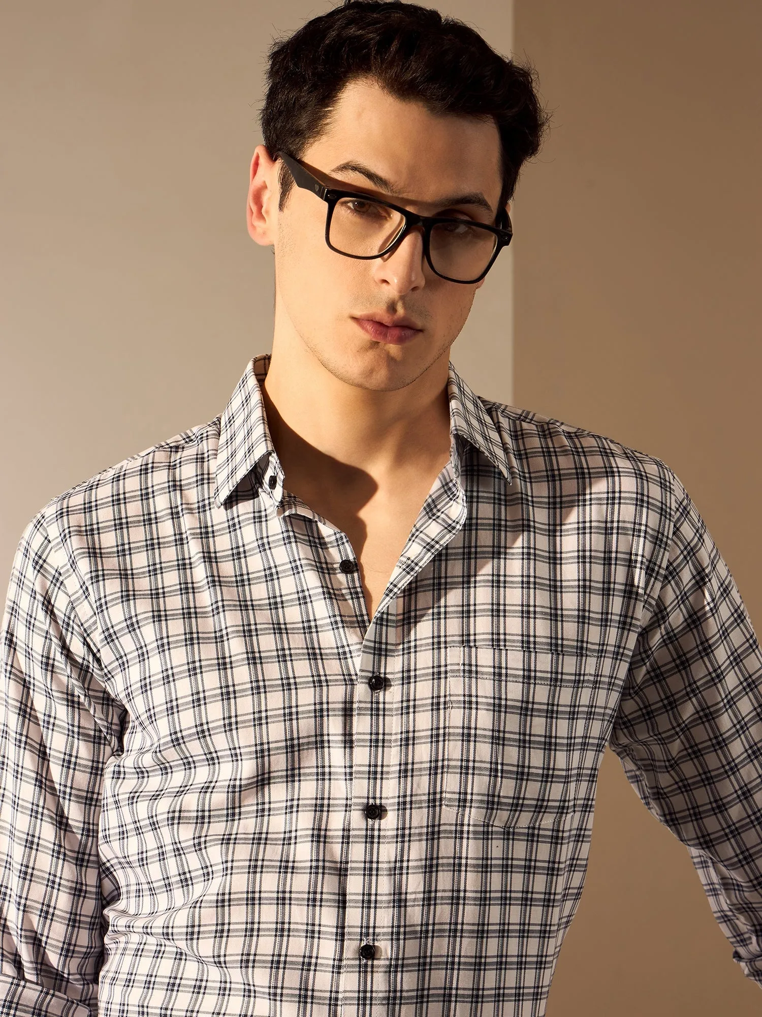 White and Blue: Checked Formal Shirt