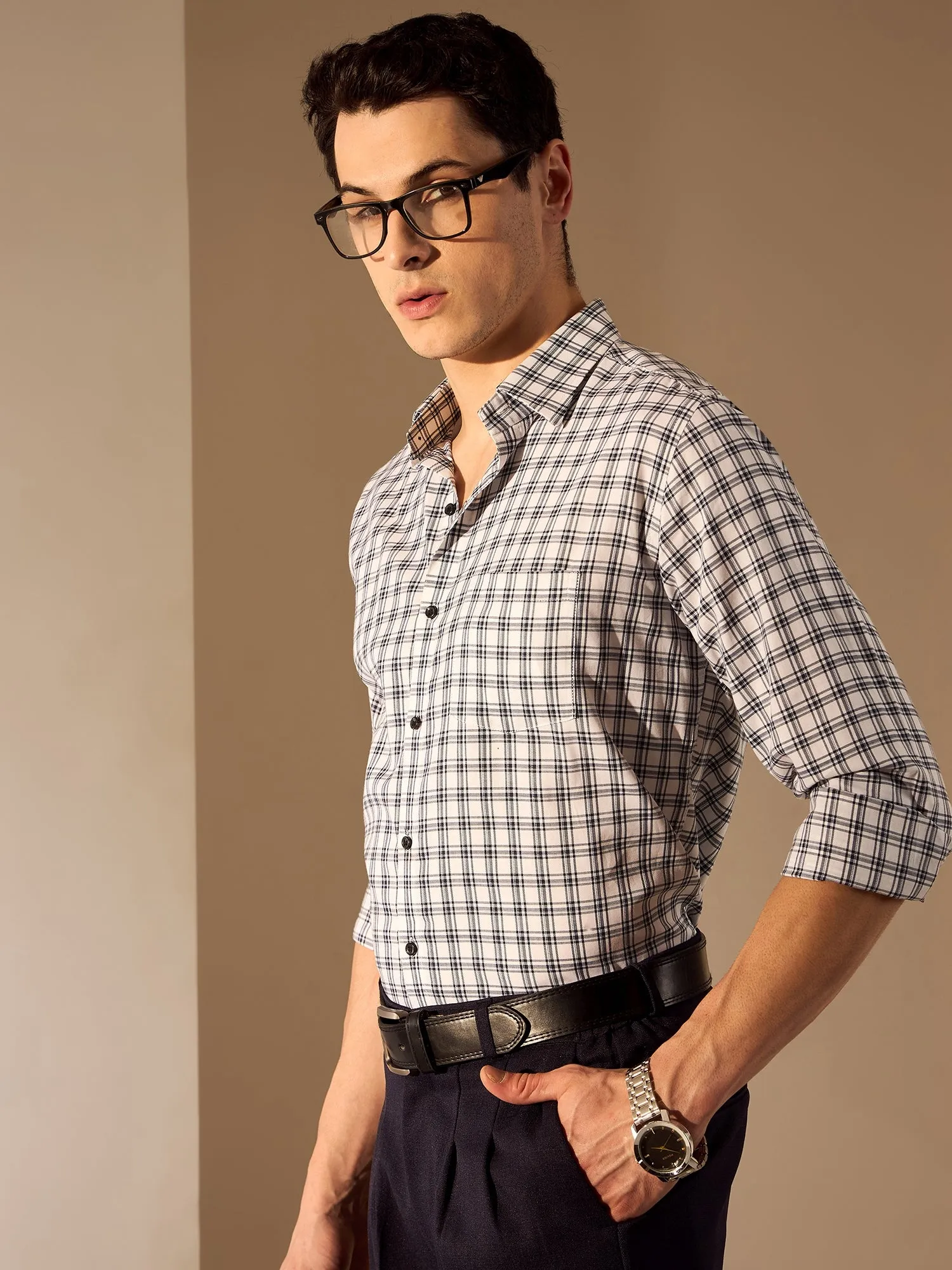 White and Blue: Checked Formal Shirt