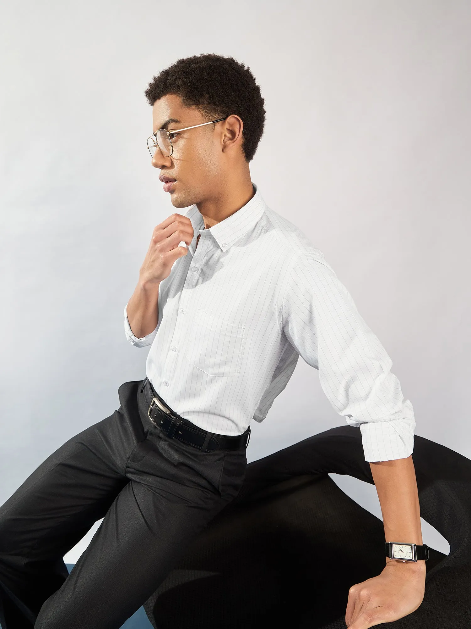 White and Grey: Micro Checked Formal Shirt
