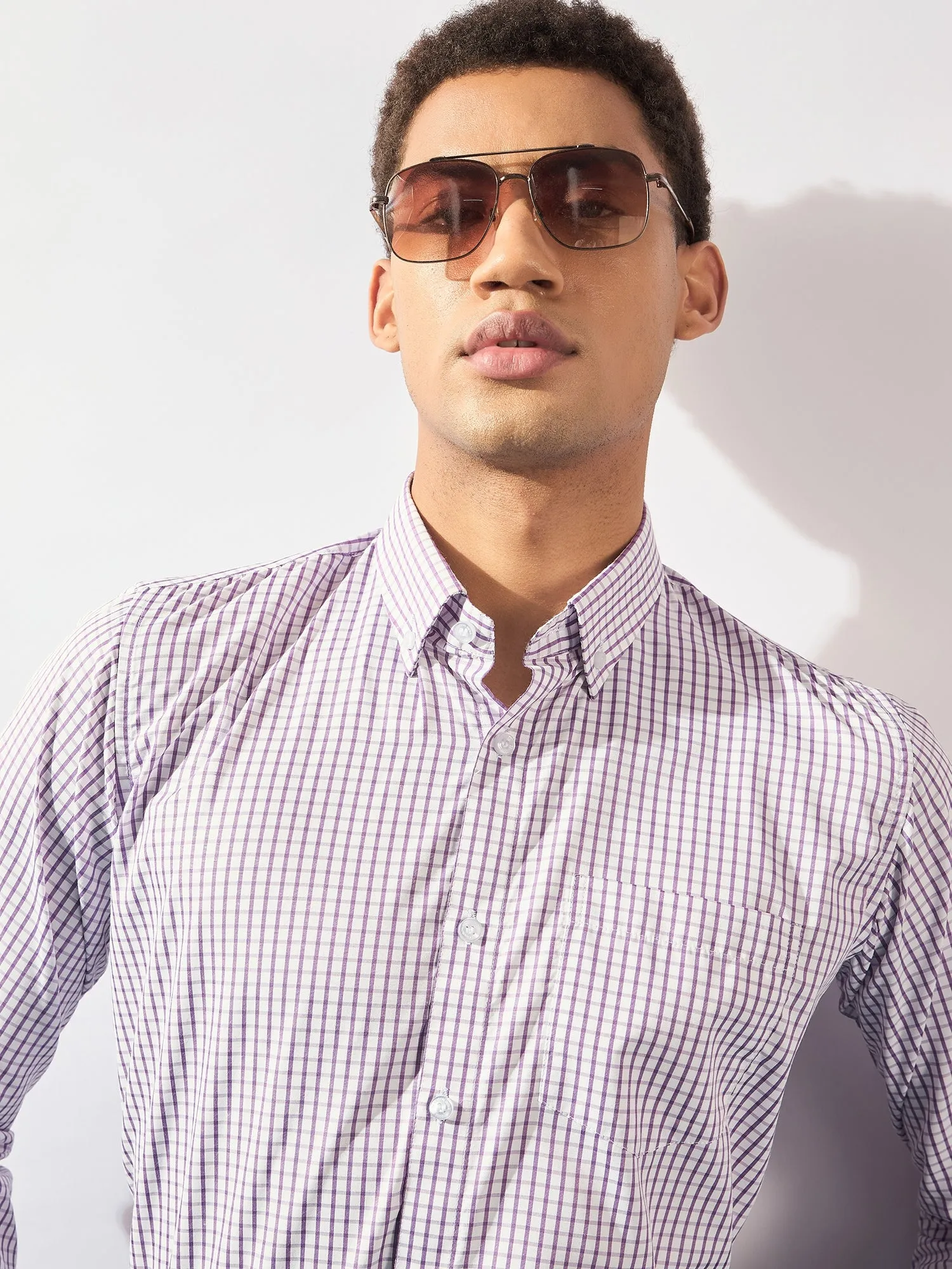 White and Purple: Men's Micro Checked Formal Shirt