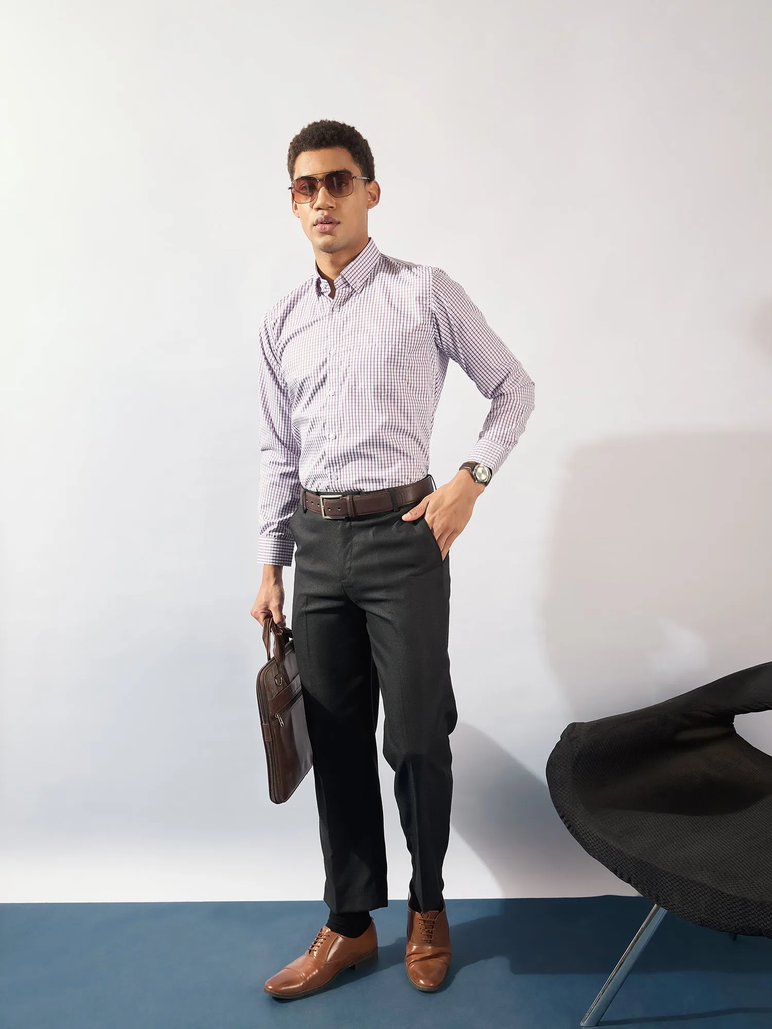 White and Purple: Men's Micro Checked Formal Shirt