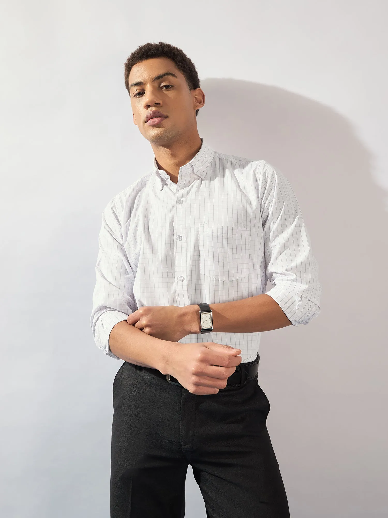 White and Purple: Micro Checked Formal Shirt
