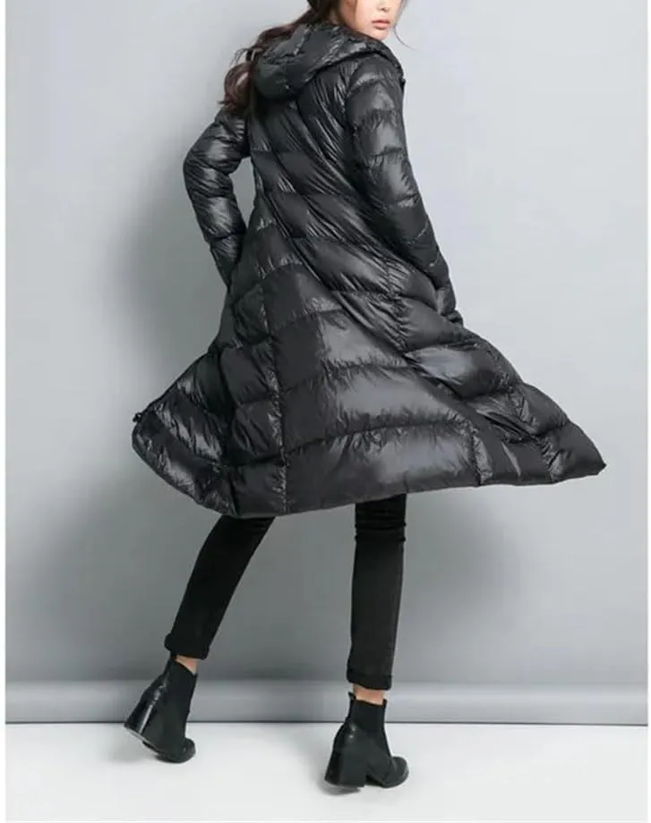 Winter Women Long Hooded Down Puffer Jacket Light Down Coat Parkas Outerwear Tops