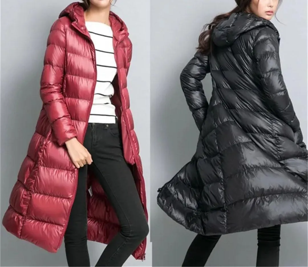 Winter Women Long Hooded Down Puffer Jacket Light Down Coat Parkas Outerwear Tops