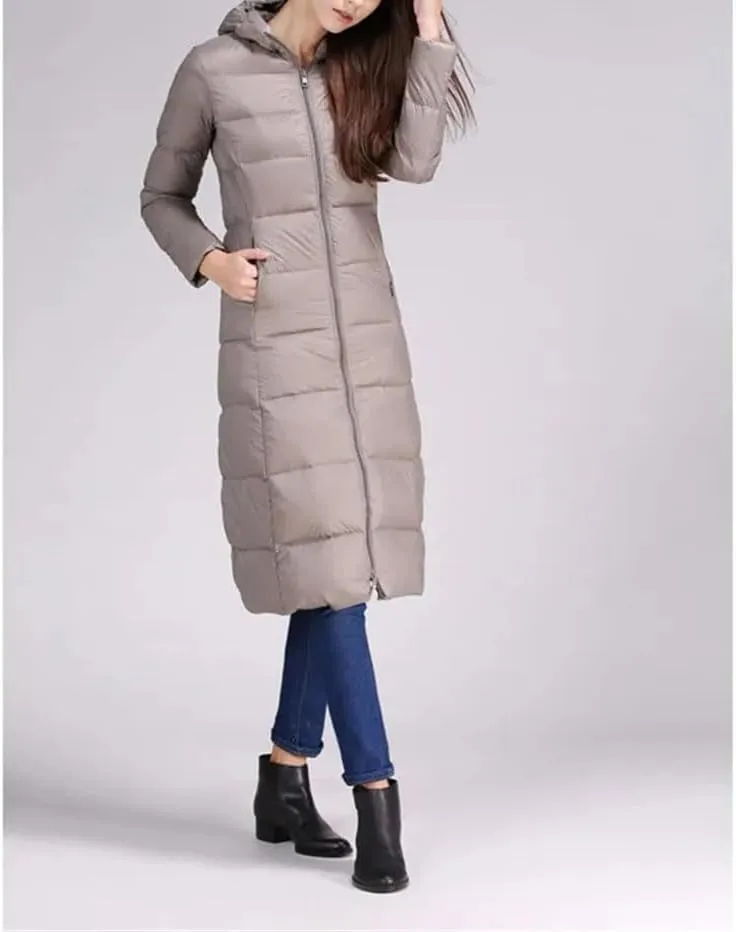 Winter Women Long Hooded Down Puffer Jacket Light Down Coat Parkas Outerwear Tops