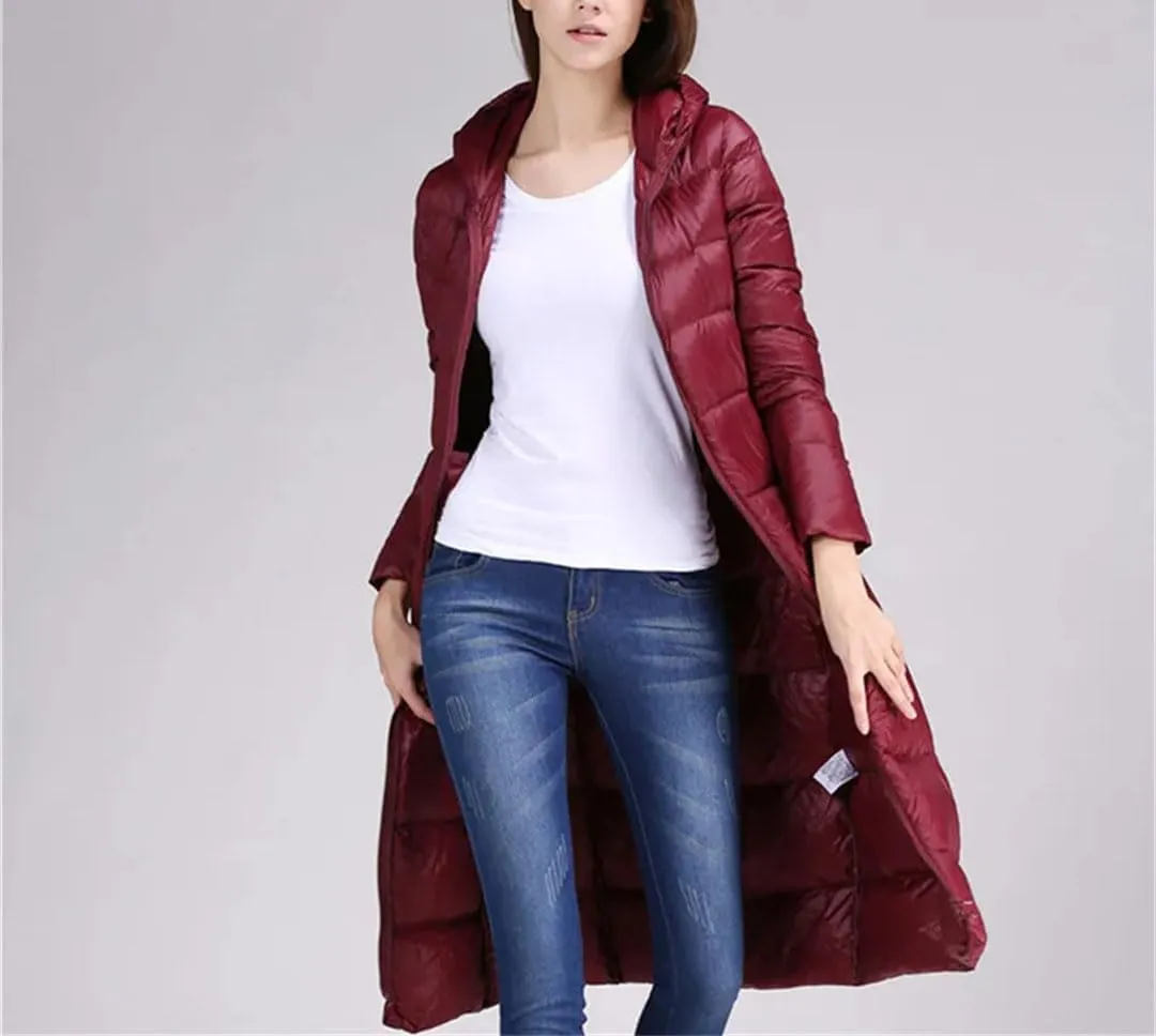 Winter Women Long Hooded Down Puffer Jacket Light Down Coat Parkas Outerwear Tops