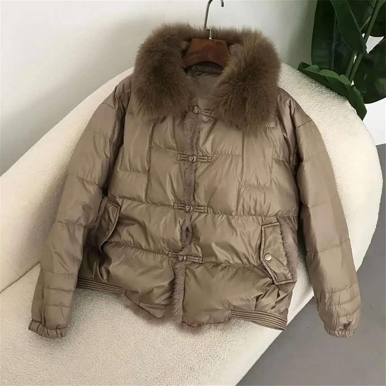 Winter Women White Duck Down Jacket Short Warm Puffer Loose Vintage Parka Outerwear