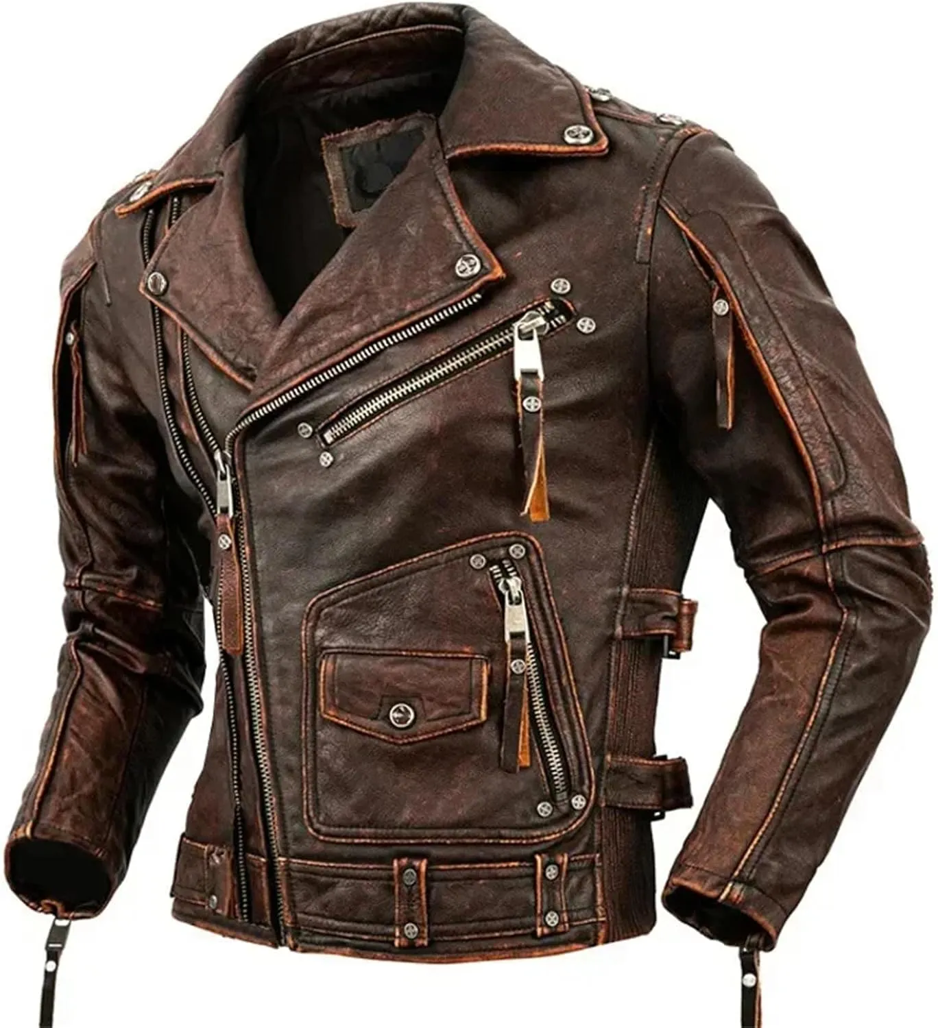 Wjnvfioo Motorcycle Leather Jacket Men Slim Retro Jacket Leather Coat Men Moto Biker Clothes